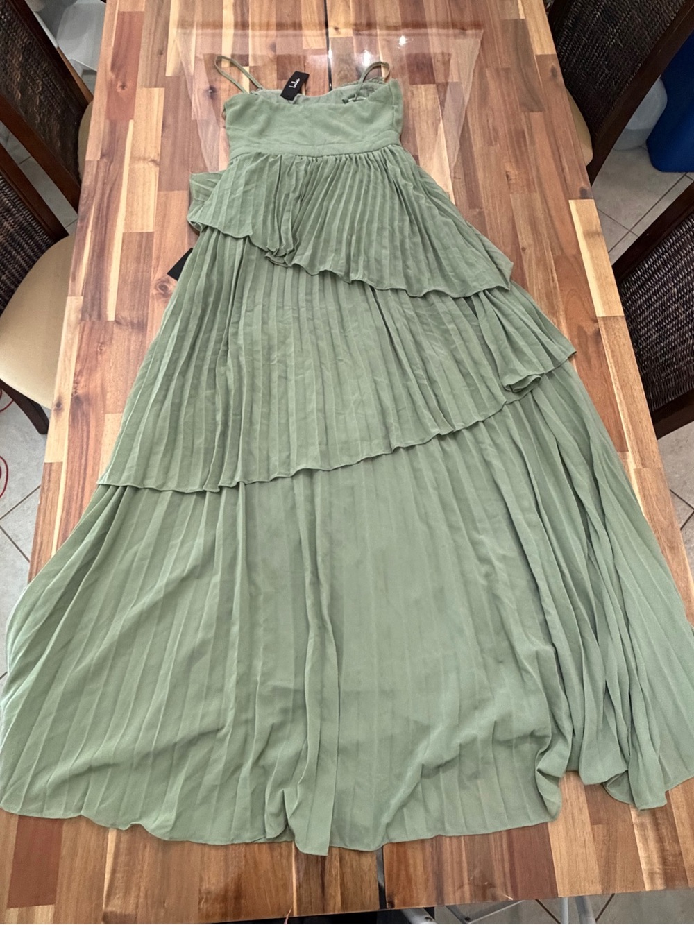 NWT Sz S Lulus Jehona Sage Brush Pleated Tiered Maxi Dress Green - Picture 9 of 9